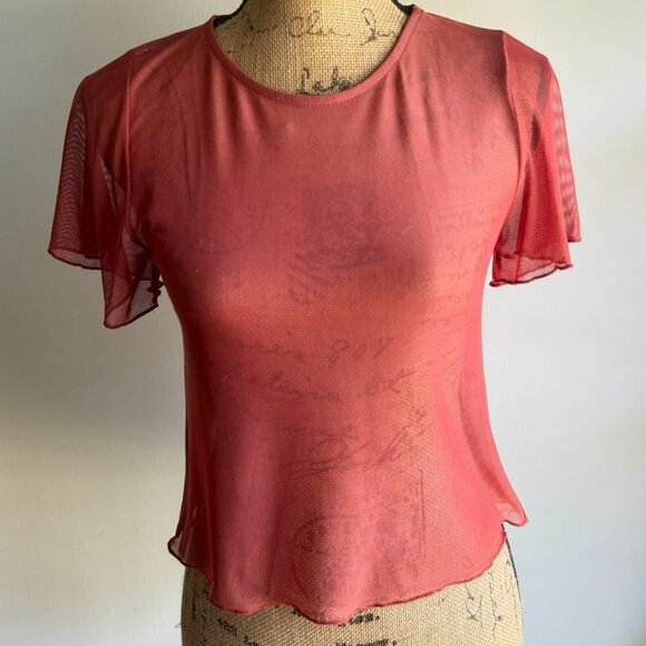 Blue Blush • Red Rust Orange Sheer Mesh Cropped Top | Women’s S/M - Picture 7 of 10